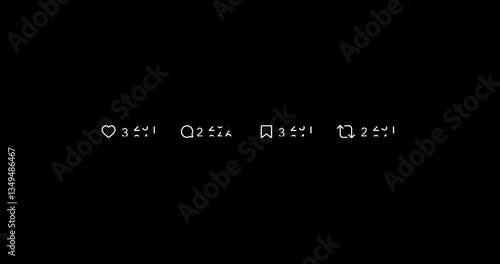 Social media interaction counter increasing. Likes comments reposts statistics. Post impression growing success rate. Blog engagement tracking. Digital analytics video. Alpha channel MOV video overlay