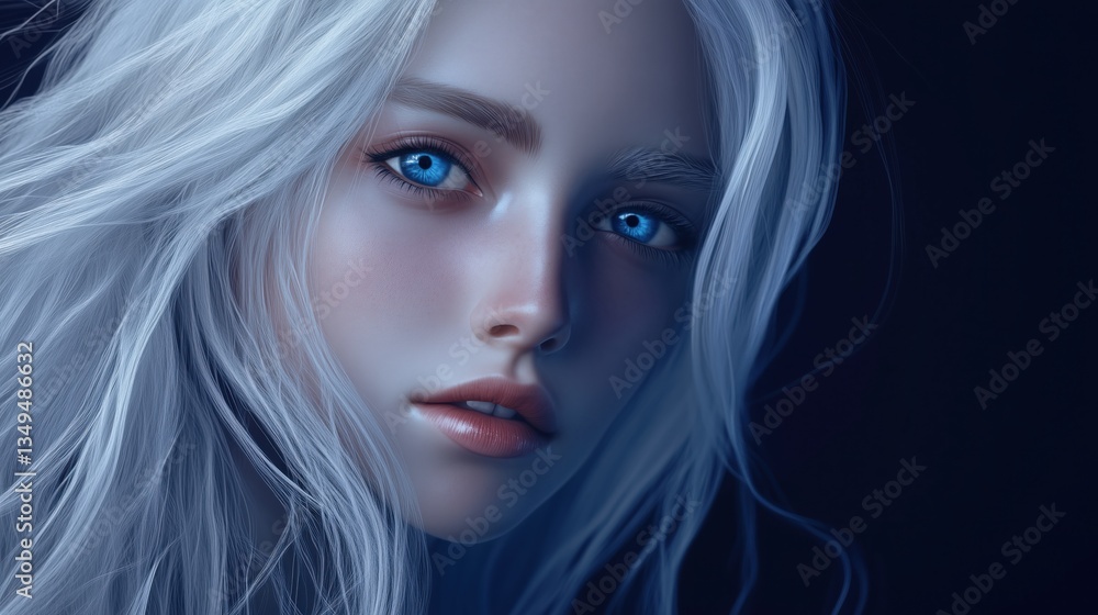 Hyper-realistic portrait of a young woman with ice-blue eyes and silver-white hair Hyper-realistic portrait of a young woman with ice-blue eyes and silver-white hair