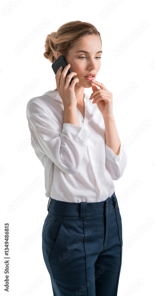 Woman in white blouse and navy trousers talking on smartphone, touching lips thoughtfully. Isolated on white background, business communication concept Woman in white blouse and navy trousers talking on smartphone, touching lips thoughtfully. Isolated on white background, business communication concept