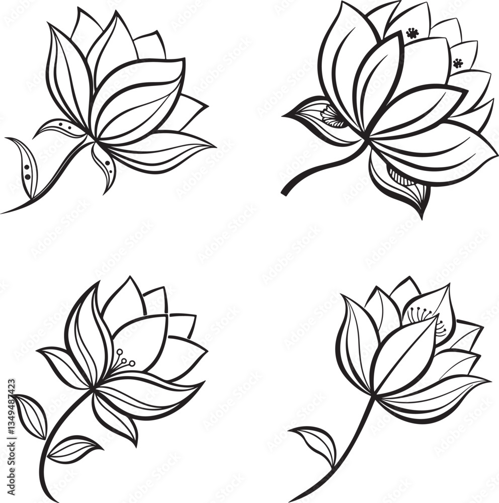 Obraz premium Vector illustration of four black and white lotus flowers accompanied by leaves, forming a logo icon set