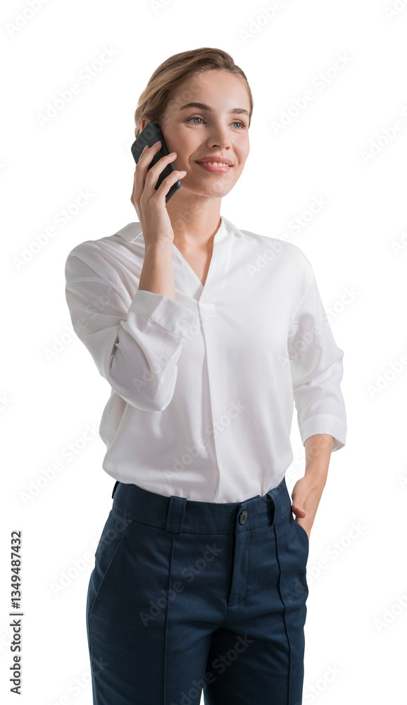 Smiling woman in white blouse and dark pants talking on a smartphone, isolated on a white background. Business communication and professional concept Smiling woman in white blouse and dark pants talking on a smartphone, isolated on a white background. Business communication and professional concept