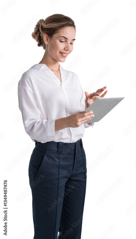 Confident woman in business attire using a tablet, isolated on white background. Professional concept Confident woman in business attire using a tablet, isolated on white background. Professional concept