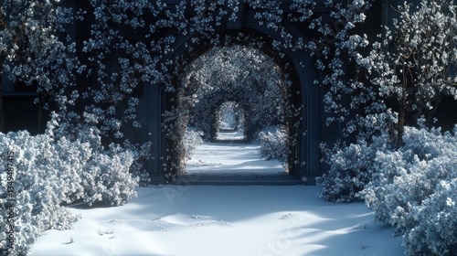 Snow-covered path with arched gateways leading to a vanishing point