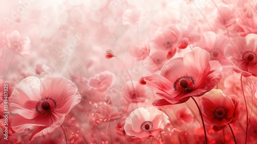 Fototapeta Naklejka Na Ścianę i Meble -  Translucent pink flowers merge with a soft watercolor backdrop, creating an ethereal atmosphere