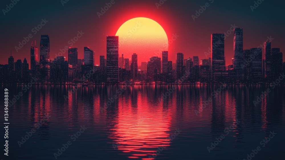 Sunset over futuristic city reflected in water. Possible use Stock photo for a futuristic cityscape Sunset over futuristic city reflected in water. Possible use Stock photo for a futuristic cityscape