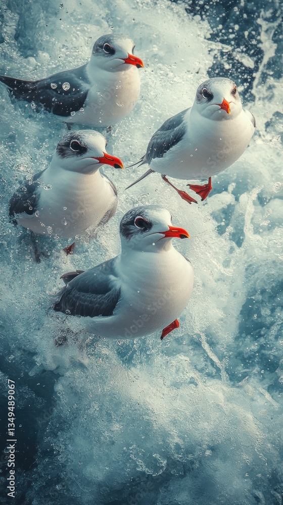 Four seagulls amidst churning ocean waves Four seagulls amidst churning ocean waves