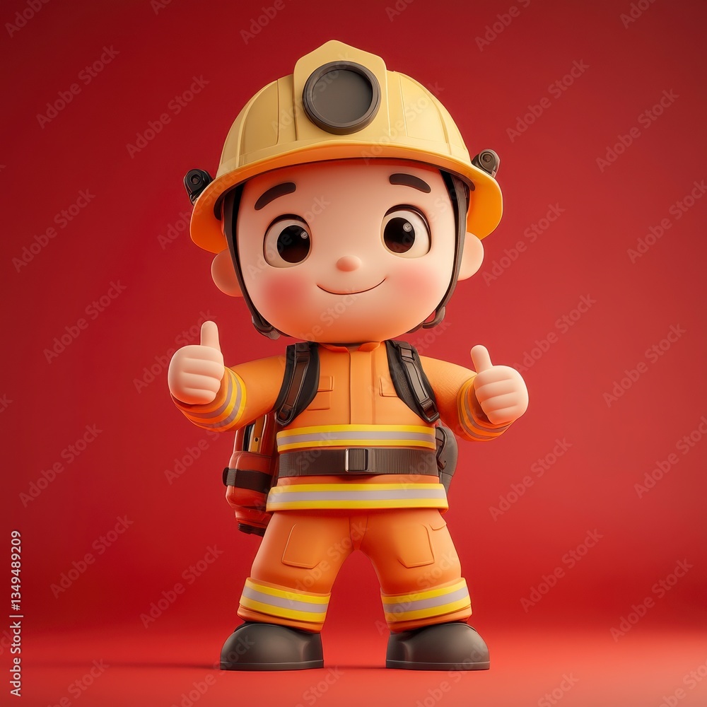Cute Little Cartoon Firefighter in 3D Style, Featuring a Cheerful Expression and Bright Colors Cute Little Cartoon Firefighter in 3D Style, Featuring a Cheerful Expression and Bright Colors