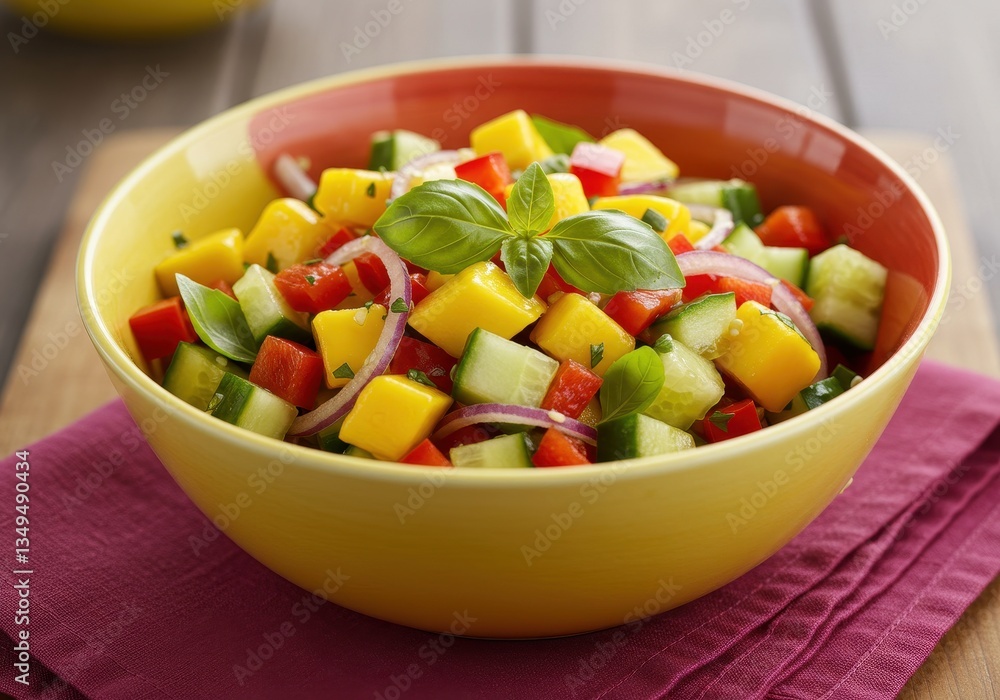 A colorful bowl of tropical mango and cucumber salad, mixed with red bell peppers, fresh basil leaves and slices of red onion A colorful bowl of tropical mango and cucumber salad, mixed with red bell peppers, fresh basil leaves and slices of red onion