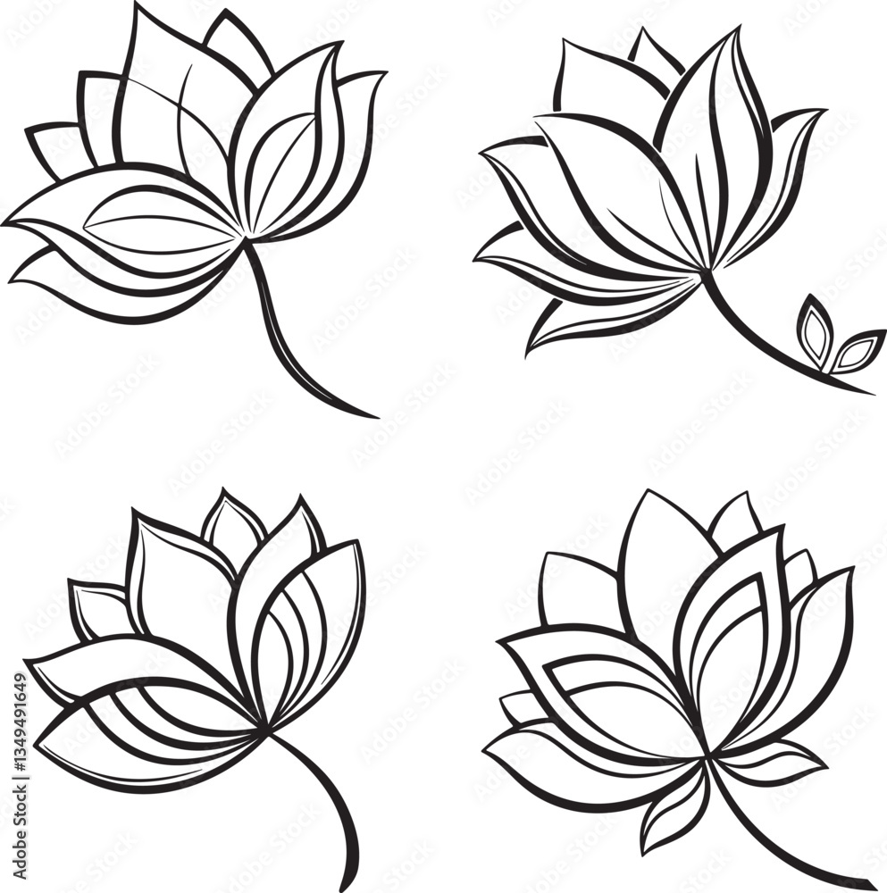 Fototapeta premium Vector illustration of four black and white lotus flowers accompanied by leaves, forming a logo icon set