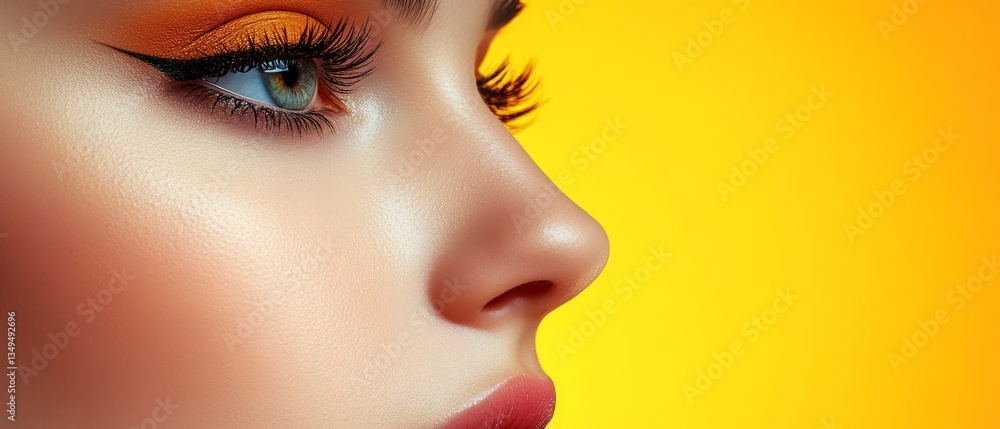 A woman with orange eye shadow and long eyelashes A woman with orange eye shadow and long eyelashes