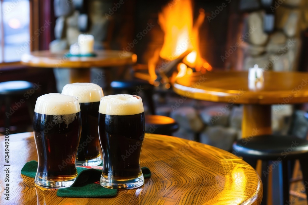 Naklejka premium Pints Of Dark Beer By Cozy Fireplace