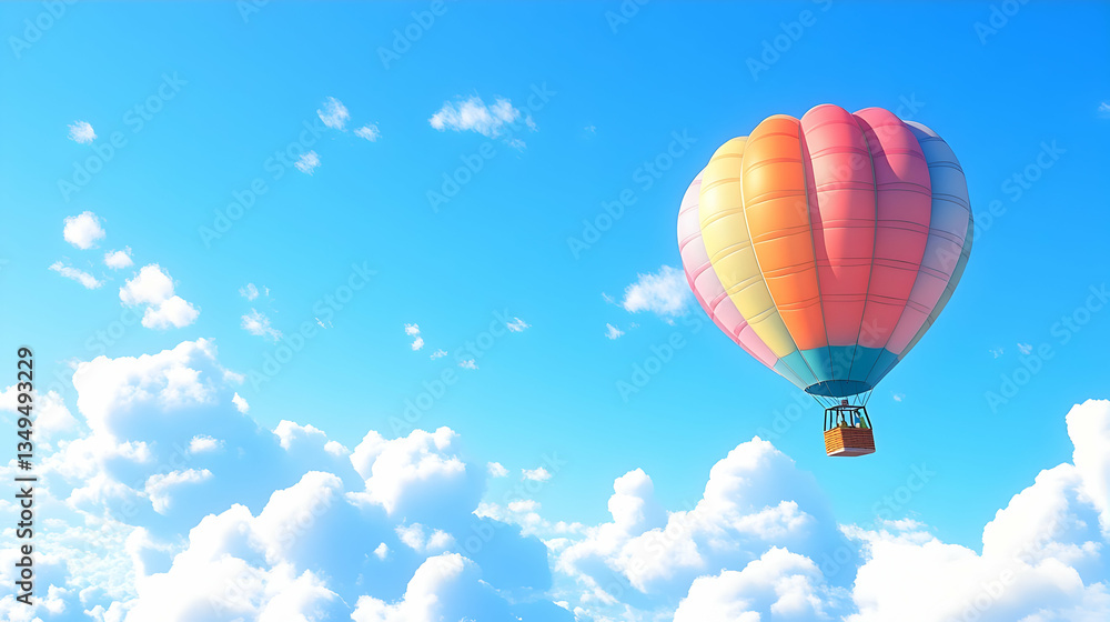 Fototapeta premium Colorful hot air balloon floats over fluffy clouds, sunny sky. Travel poster