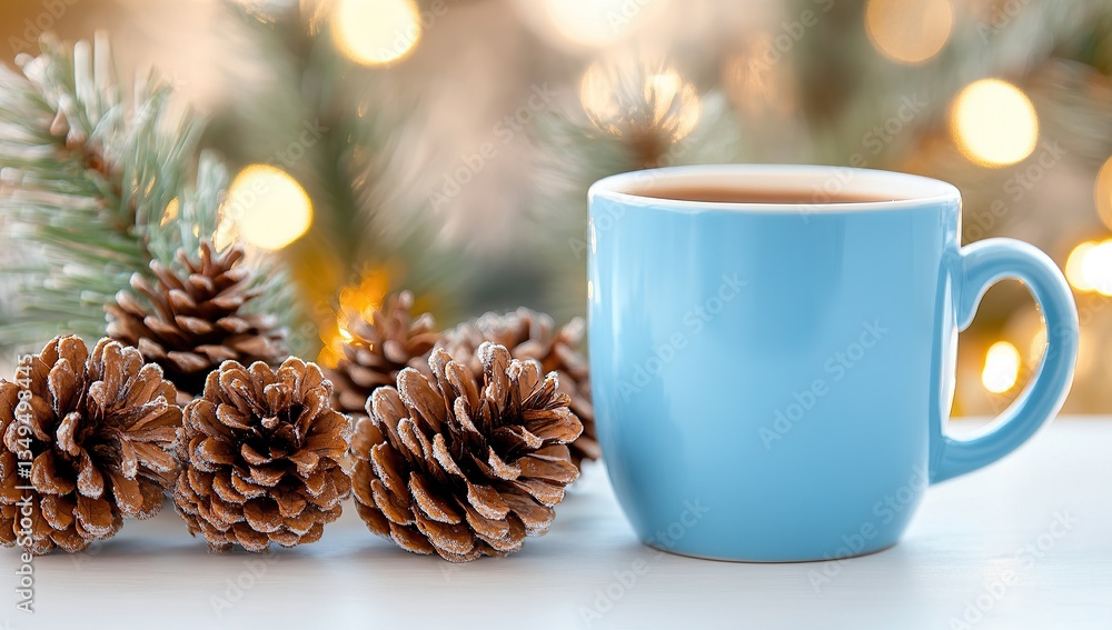 Cozy winter background with a coffee mug and pine cones on a white table, in close-up Cozy winter background with a coffee mug and pine cones on a white table, in close-up