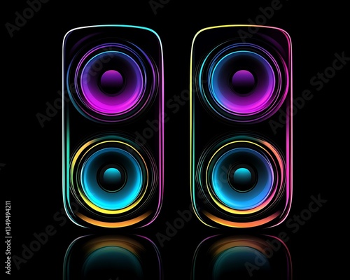 Two speaker towers with colorful glowing lights on black background