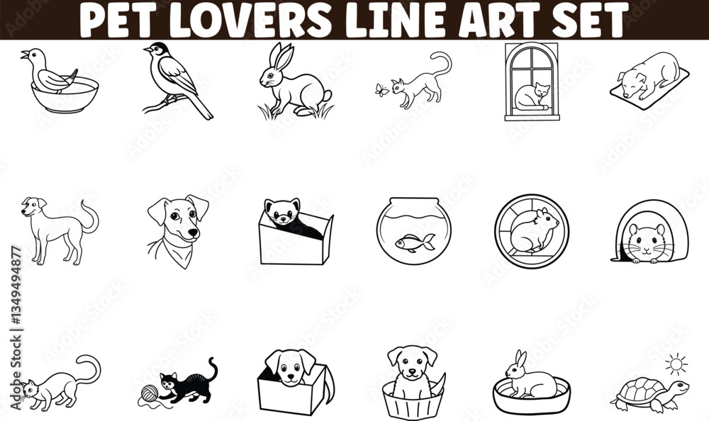 Fototapeta premium Adorable Pet Lovers Line Art Set Cats, Dogs, Birds, Rabbits