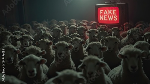 Sheep Flock and Fake News on Old Television