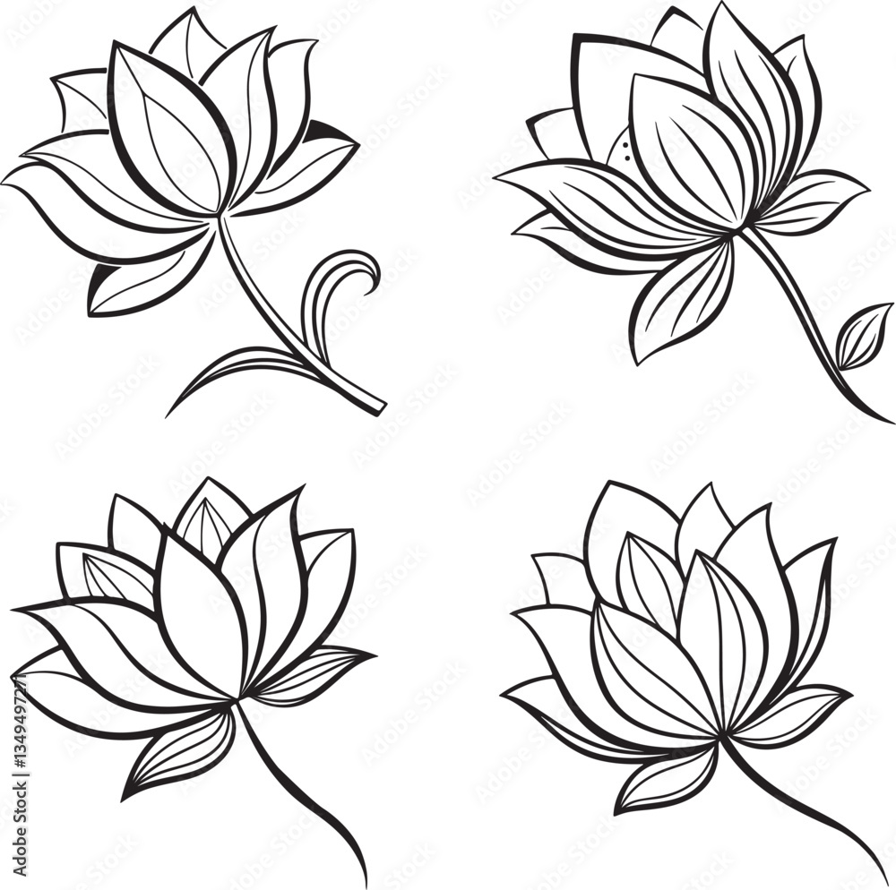 Vector illustration of four black and white lotus flowers accompanied by leaves, forming a logo icon set Vector illustration of four black and white lotus flowers accompanied by leaves, forming a logo icon set