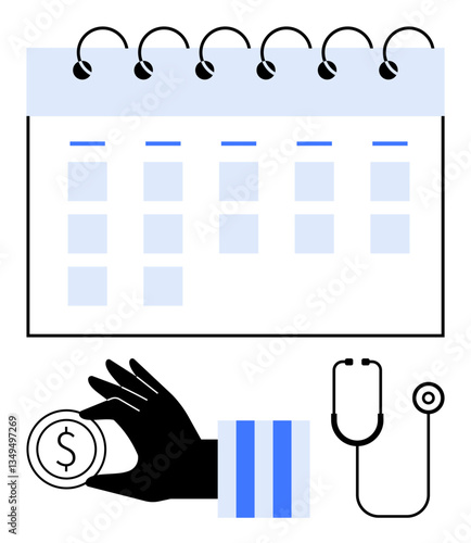 Calendar grid, hand holding coin, and stethoscope symbolizing financial planning in healthcare. Ideal for business, scheduling, medical finance, healthcare strategy, time management investment. Flat