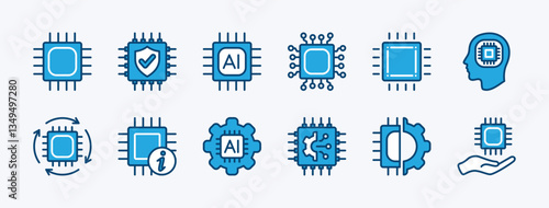 Set of circuit board and chip technology icon. Containing hardware computer, microchip, processor, artificial intelligence, robot, information, shield protection, system, machine. Vector illustration