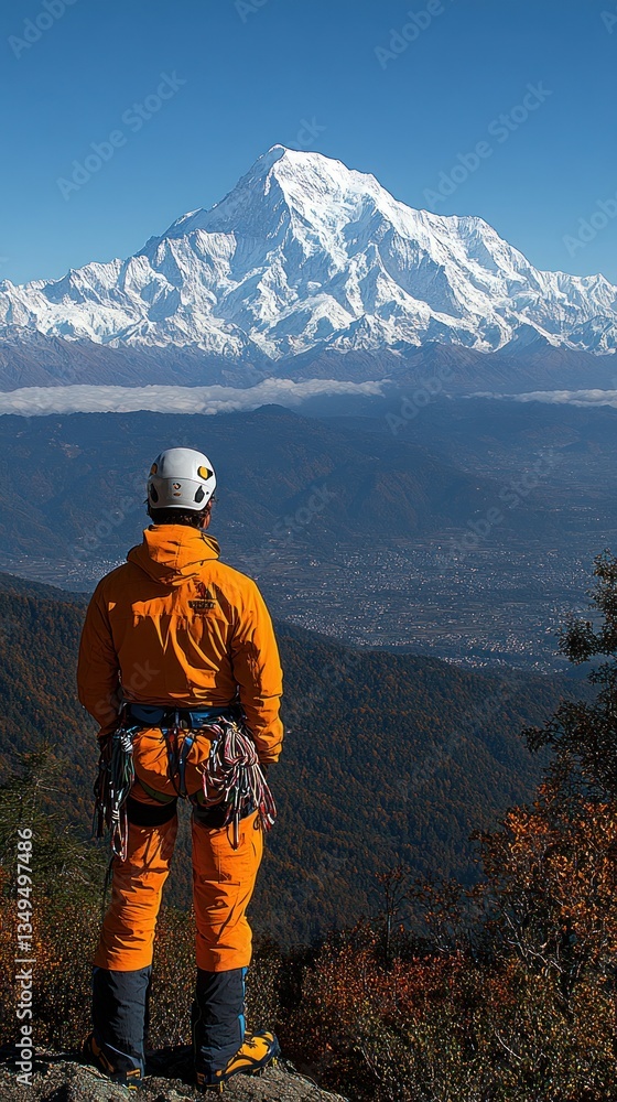 A climber gazes at vast mountain ranges from the summit, immersed in nature's beauty A climber gazes at vast mountain ranges from the summit, immersed in nature's beauty