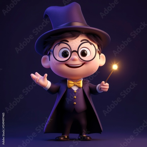 Cute Little Cartoon Character in 3D Style with Hat and Wand, Magical Portrait Style