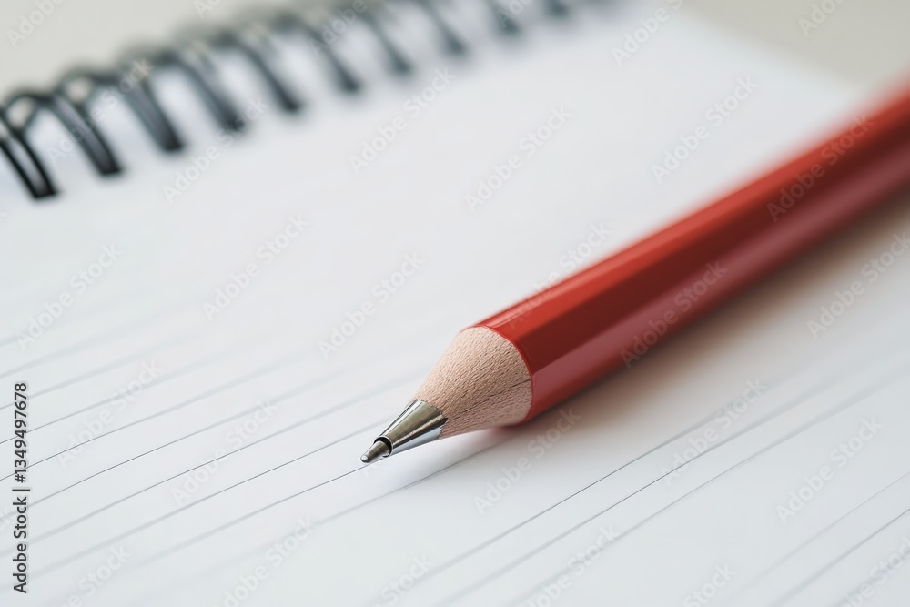 A close up photo of red pencil on lined notebook A close up photo of red pencil on lined notebook
