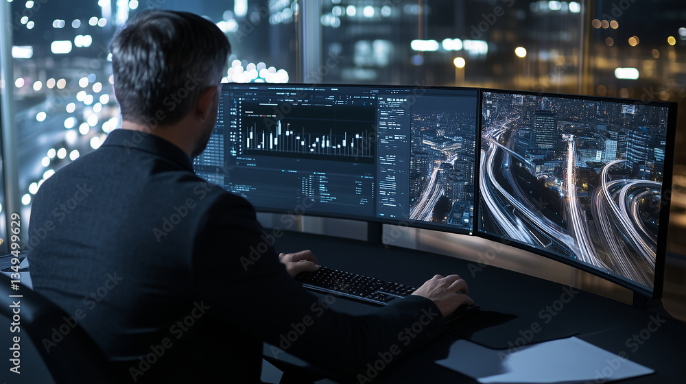 A man in a smart-casual outfit working at his desk, using dual monitors to simulate public transit efficiency improvements, with a cityscape visible outside. A man in a smart-casual outfit working at his desk, using dual monitors to simulate public transit efficiency improvements, with a cityscape visible outside.