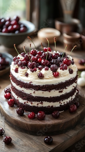 Wallpaper Mural Deliciously crafted chocolate cake topped with fresh cherries on a rustic wooden table in a cozy kitchen setting Torontodigital.ca