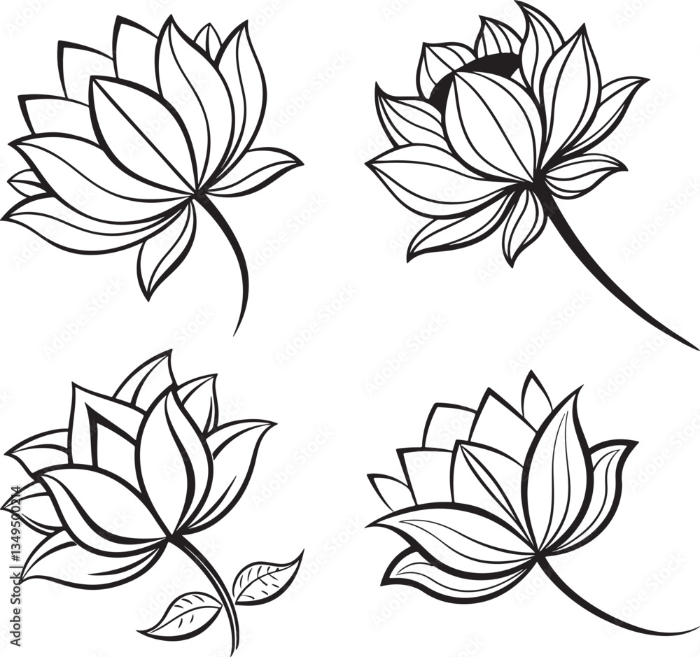 Vector illustration of four black and white lotus flowers accompanied by leaves, forming a logo icon set Vector illustration of four black and white lotus flowers accompanied by leaves, forming a logo icon set