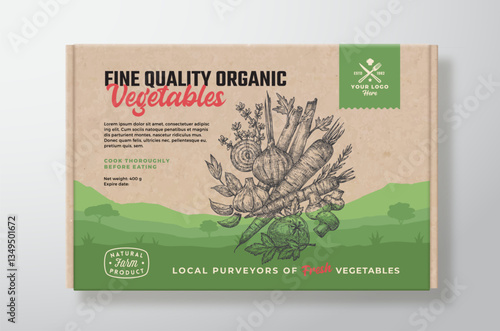 Organic Vegetables Vector Packaging Label Design on a Craft Cardboard Box Container Modern Typography and Hand Drawn Herbs, Seasonings, Mushrooms and Vegetables Background Layout