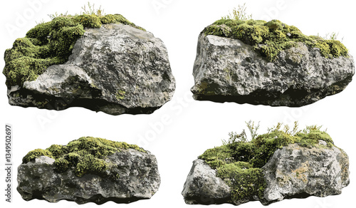 Realistic mossy stone transparent PNG file, vector cut out backgrounds, green moss-covered rock, nature stone texture, isolated decorative element, natural stone clipart, outdoor landscape