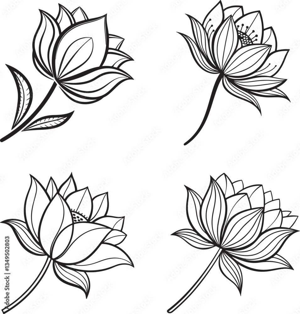 Obraz premium Vector illustration of four black and white lotus flowers accompanied by leaves, forming a logo icon set