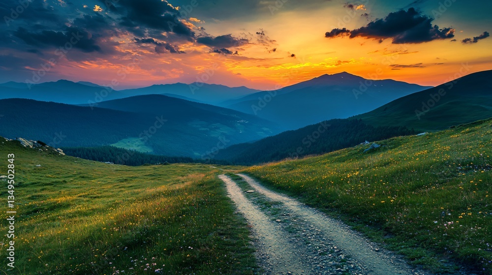 Serene Cross Road on Hillside Meadow in Mountain at Sunrise Serene Cross Road on Hillside Meadow in Mountain at Sunrise