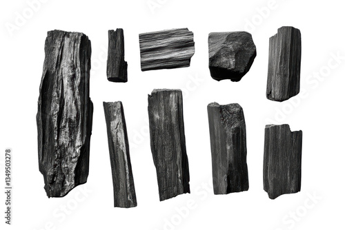 Set of charcoal isolated on transparent or white background, png
