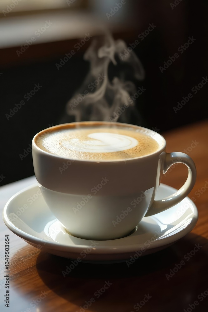 Steaming cappuccino coffee with steam rising from the surface, steaming, froth Steaming cappuccino coffee with steam rising from the surface, steaming, froth