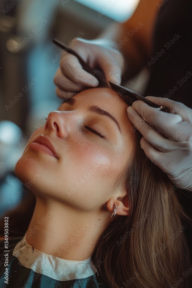 Fototapeta premium A woman is seated in a salon chair, receiving a haircut from a professional barber who uses safety gloves and specialized tools.