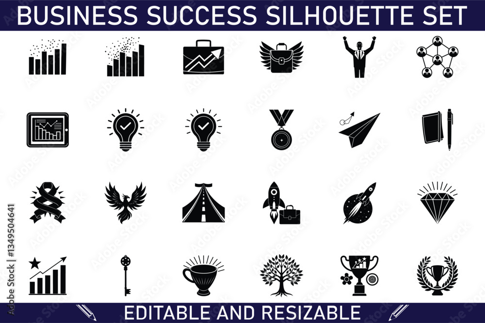 Fototapeta premium Business Success Silhouette Icons Growth, Achievement, Strategy Set