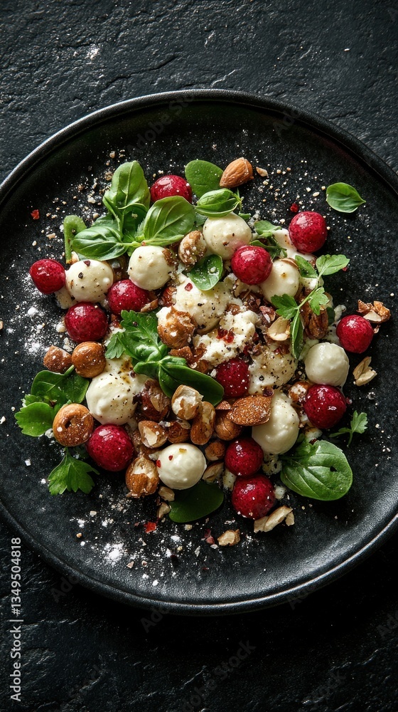 Creamy cheese, red berries, nuts, and herbs salad on a dark plate Creamy cheese, red berries, nuts, and herbs salad on a dark plate