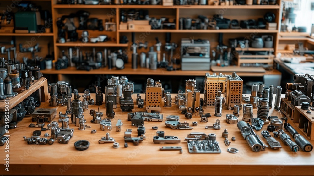 Precision metal components meticulously arranged on a workbench, resembling a miniature cityscape Precision metal components meticulously arranged on a workbench, resembling a miniature cityscape