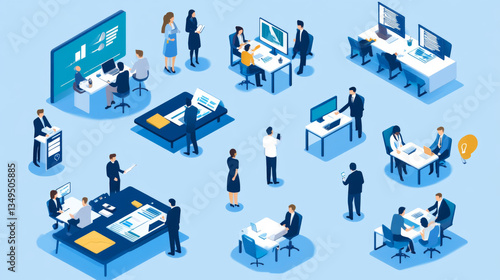 A set of isometric illustrations focusing on business recruitment, personnel selection by management teams, and human resources strategies
