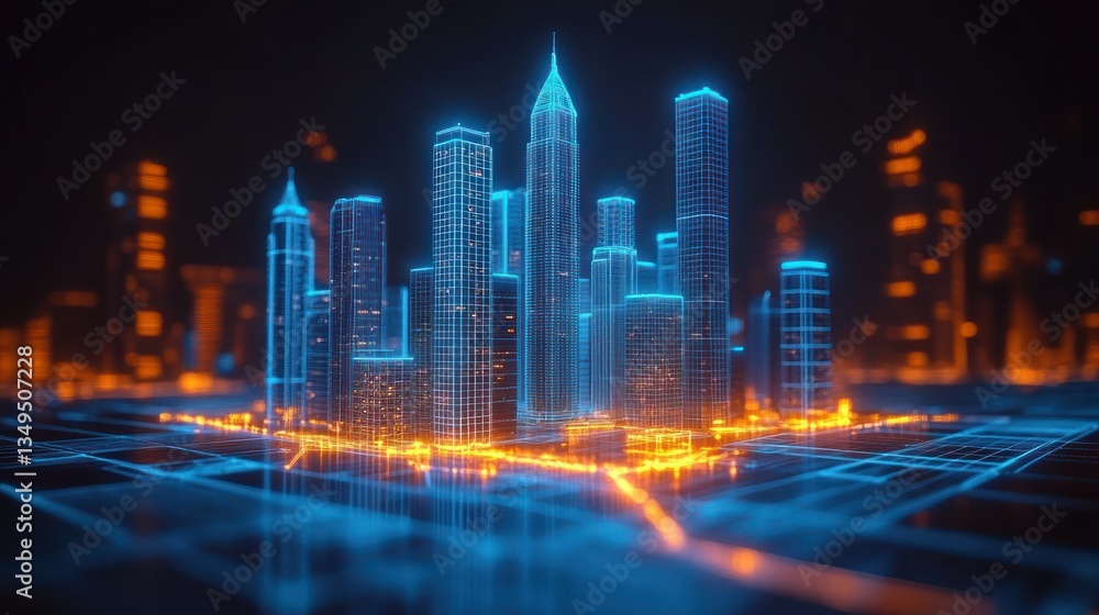 Fototapeta premium Futuristic city skyline, glowing with digital lines