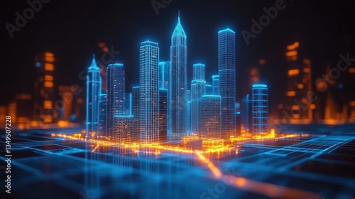 Futuristic city skyline, glowing with digital lines