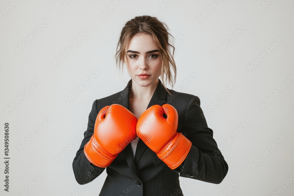 Confident businesswoman in a black suit wearing orange boxing gloves, ready for a challenge. Confident businesswoman in a black suit wearing orange boxing gloves, ready for a challenge.