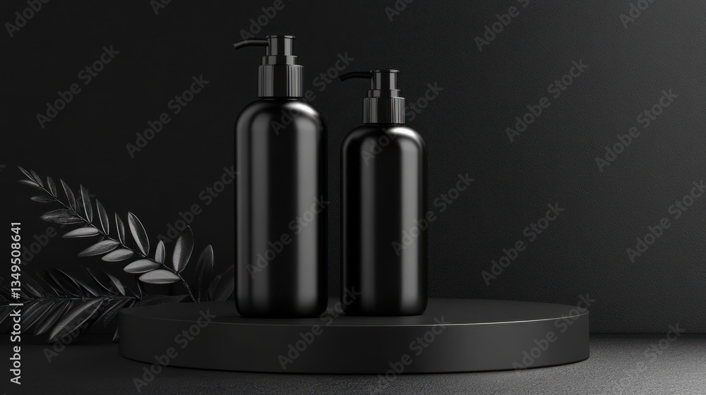 Two dark bottles with pump dispensers are on a platform Two dark bottles with pump dispensers are on a platform