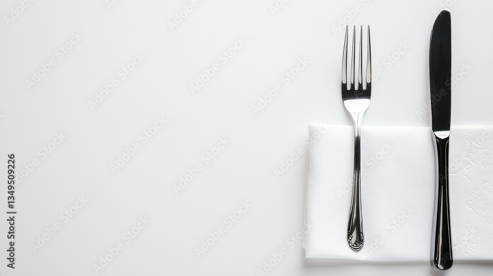 Empty table setting, cutlery, white napkin, restaurant, ready for food Empty table setting, cutlery, white napkin, restaurant, ready for food