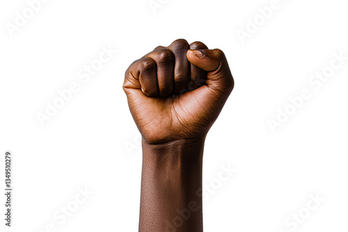 Raised clenched fist against black background, isolated, cut out transparent