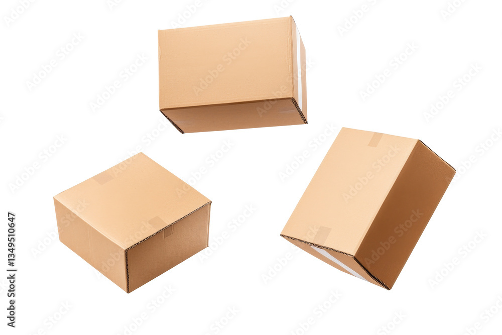 Three cardboard box mockups, closed packages, parcel, cut out transparent Three cardboard box mockups, closed packages, parcel, cut out transparent