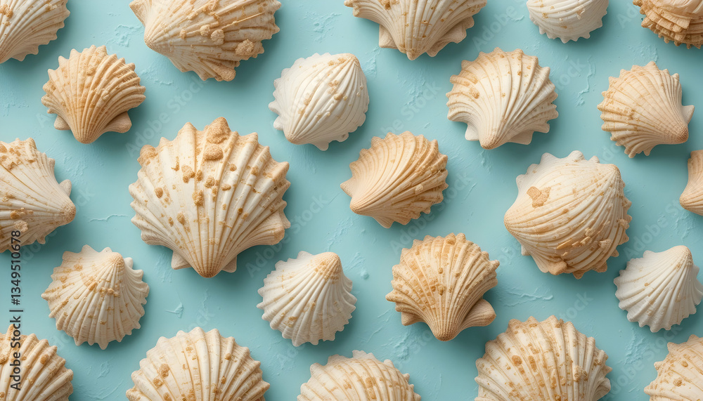 Seashells pattern on blue background summer beach vacation holiday ocean sea nature texture pattern design aesthetic minimalism travel tropical marine life seascape coastal decoration Seashells pattern on blue background summer beach vacation holiday ocean sea nature texture pattern design aesthetic minimalism travel tropical marine life seascape coastal decoration