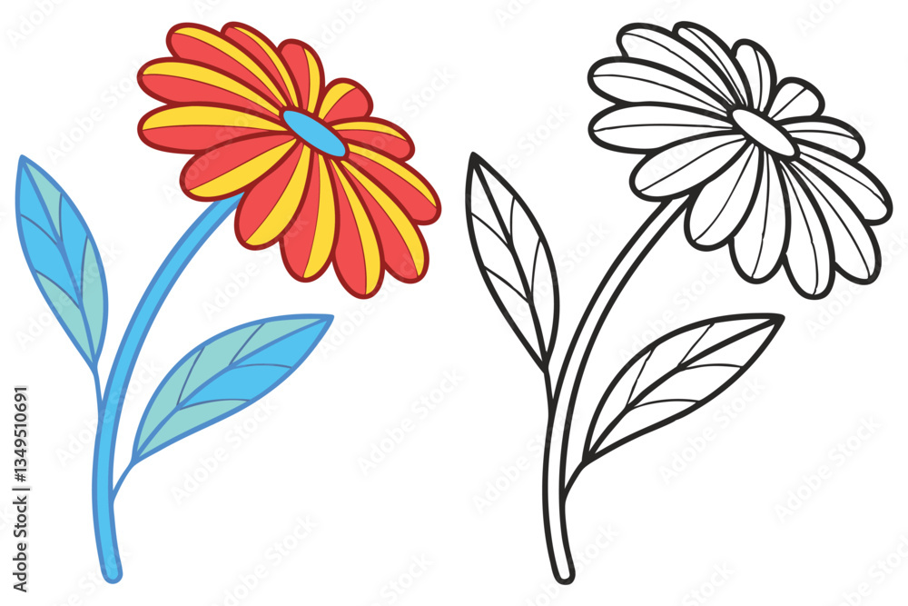 A vibrant colored flower and its line art version for coloring pages, showing a single stem with leaves and petals A vibrant colored flower and its line art version for coloring pages, showing a single stem with leaves and petals