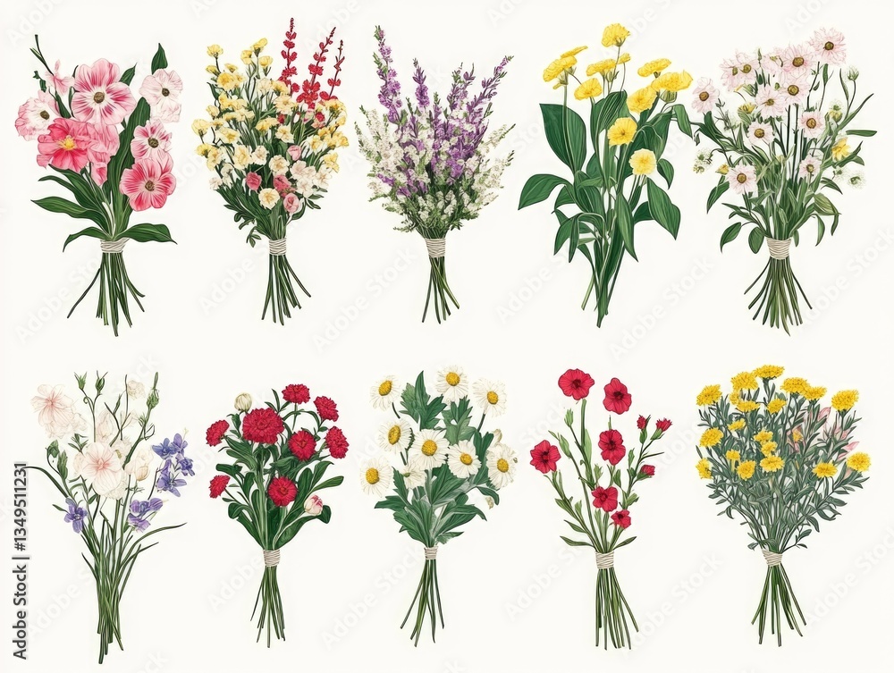 Vibrant collection of flower bouquets in various hues for diverse occasions. Vibrant collection of flower bouquets in various hues for diverse occasions.